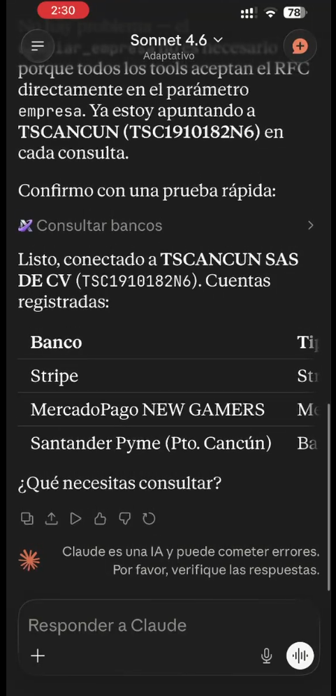 Claude movil consultando bancos de la empresa en vivo